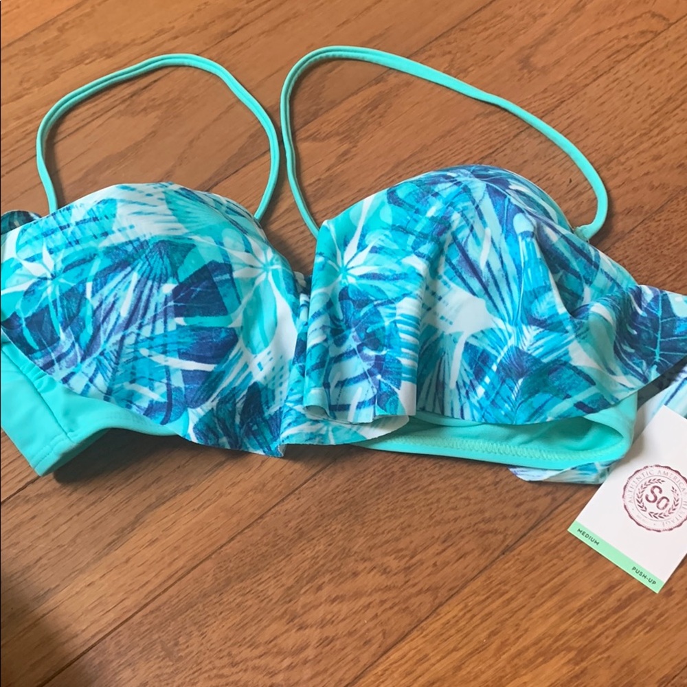 SO Blue and Green Bikini Top with Geometric Pattern